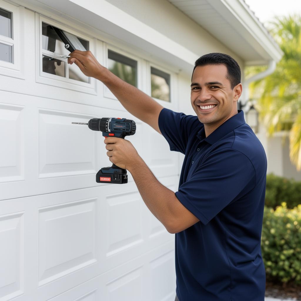 New Era Services technician inspecting and servicing a residential garage door in South Florida