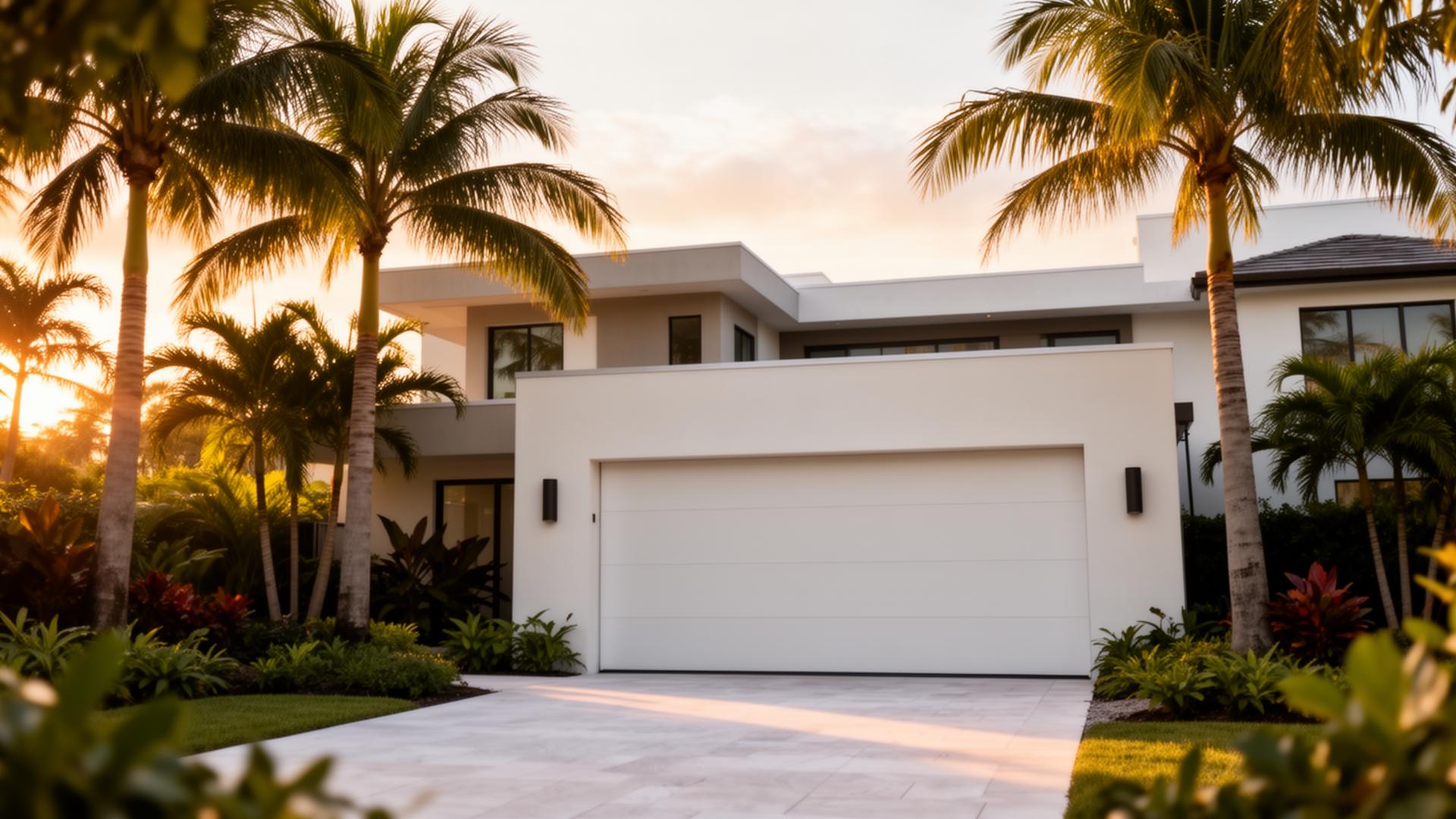 Modern South Florida home with sleek garage door at golden hour